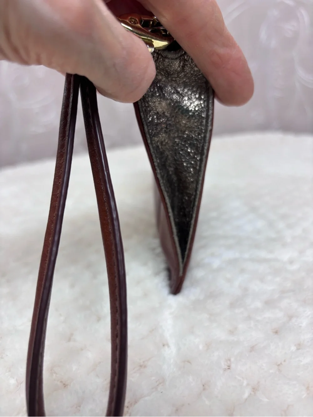 Fossil Tan Leather Wristlet With Silver Metallic Gusset Detail